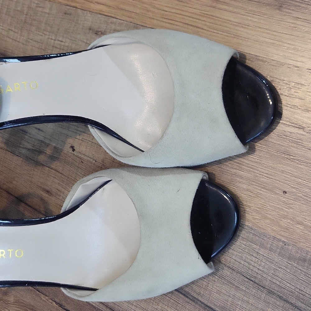 FRANCO SARTO Austin Black Tan Black Ankle Strap Peep Toe 3" Heel - Picture 4 of 12